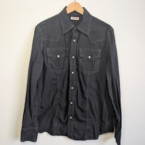 True Religion Brand Jeans Western Button Down Shirt Men's Large Black Pearl Snap